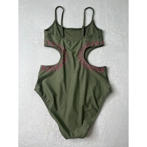 Aerie Womens Cut Out Full Coverage One Piece Olive Green Swimsuit Bathing Suit M - Picture 4 of 9